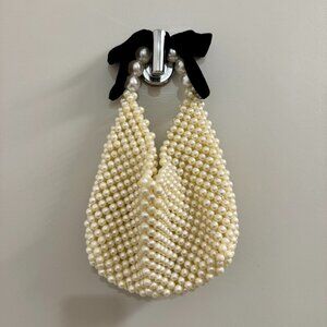 NEW Elegant Pearl-Embellished Mini Holiday Handbag Purse with Black Velvet Bow